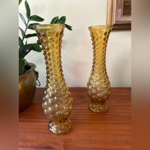 Vintage Mid Century Amber Orange Hobnail Glass Vase Set